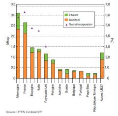 Consumo de biodiesel y bioetanol en Europa en 2010. (IFPEN)